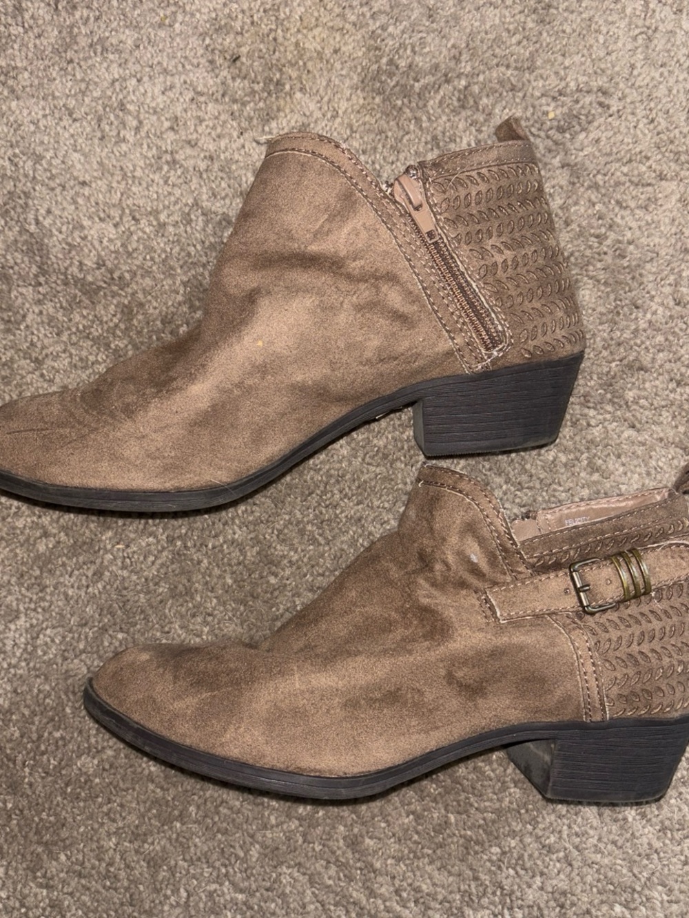 me too Taupe Suede-Look Ankle Booties with Decorative Buckle